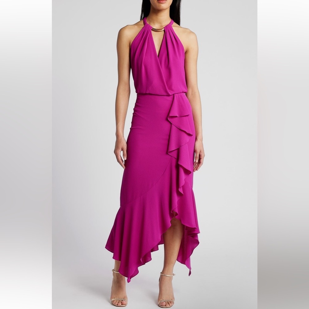 Xscape Evenings Ruffle Detail Crepe Halter Neck High-Low Gown l Pink Sz 6/ small